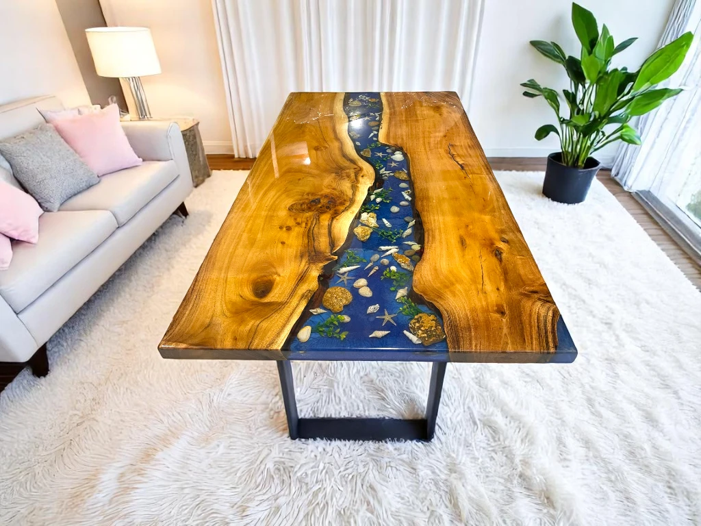 Epoxy Table Top For Sale with Iron Stand | Ocean Waves Inspired 